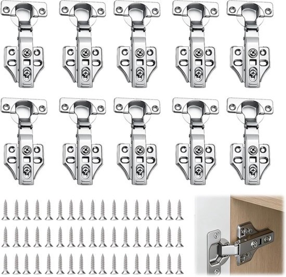 Set van 10 Hoekstop Scharnieren voor Keuken- en Kasten, Soft Close, Verwijderbaar met Schroeven, Ideaal voor Keukenmeubels en Kledingkasten