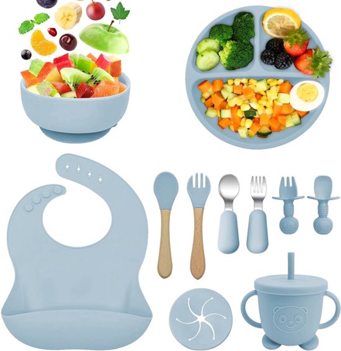 Complete 11-delige silicone baby maaltijdset met zuignap, BPA-vrij bestek, borden, kommen, slabbetjes en drinkbekers voor een veilige en gemakkelijke maaltijdervaring voor baby's