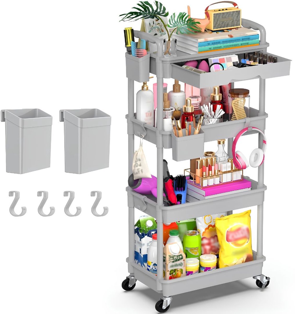 LNMsolutions® Keukentrolley - Keukentrolley Op Wieltjes - Badkamer Organizer - Grijs - 38cm x 27cm x 75cm
