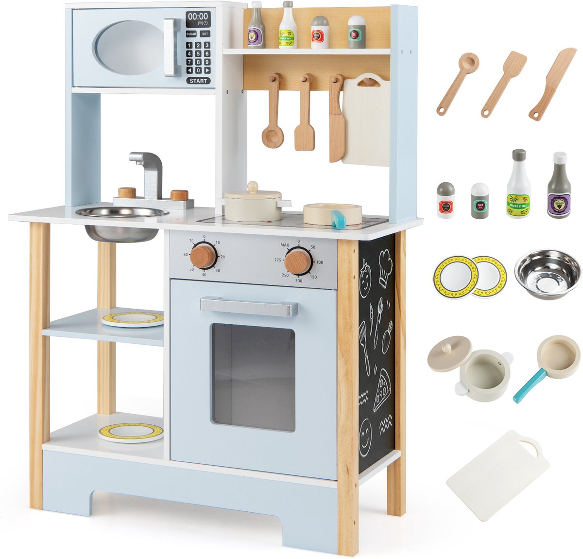 COSTWAY Kinderkeuken, speelkeuken met bord, magnetron, fornuis, kraan en gootsteen, speelgoedkeuken met keukenaccessoires, houten keuken voor kinderen vanaf 3 jaar