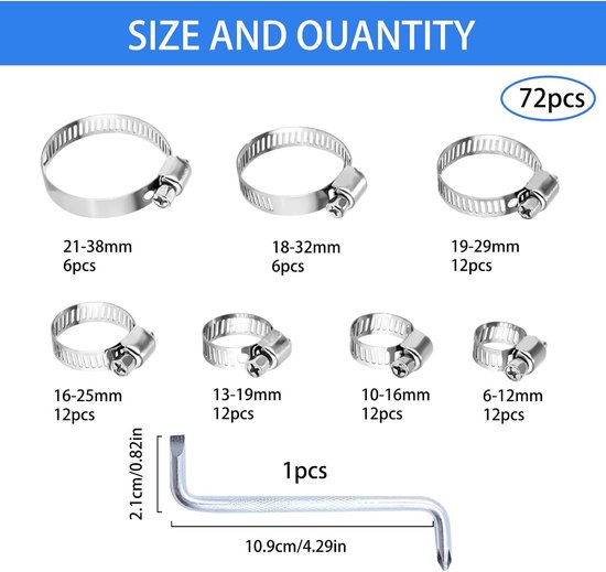 73 Pcs Hose Clamps Adjustable Clamps Made of Stainless Steel 304 6 to 38 mm for Water Hose, Sanitary Ware, Car and - ShopVlot — afbeelding 5