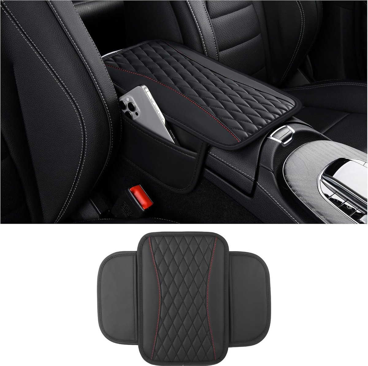 Updated Car Armrest Cover, Microfiber Leather with 2 Compartments, Car Armrest Cover Interior for Vehicles (Black) - ShopVlot