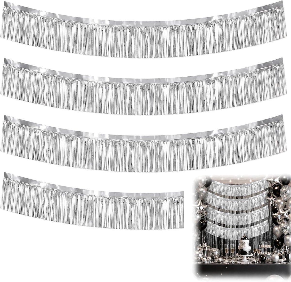 Set of 4 Fringed Garlands Metallic Silver 11 x 200 cm Shiny Fringes for Wedding Birthday Party Halloween Glitter - ShopVlot