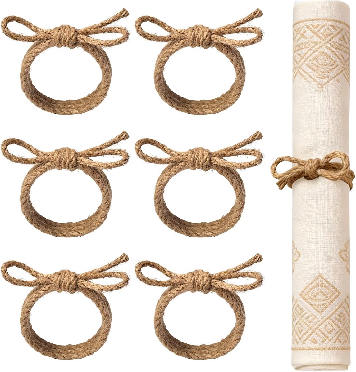 6 stuks servetringen van jute touw rustiek natuurlijk, strik handgemaakte servetten ringen voor eten, jubileum, huis - ShopVlot