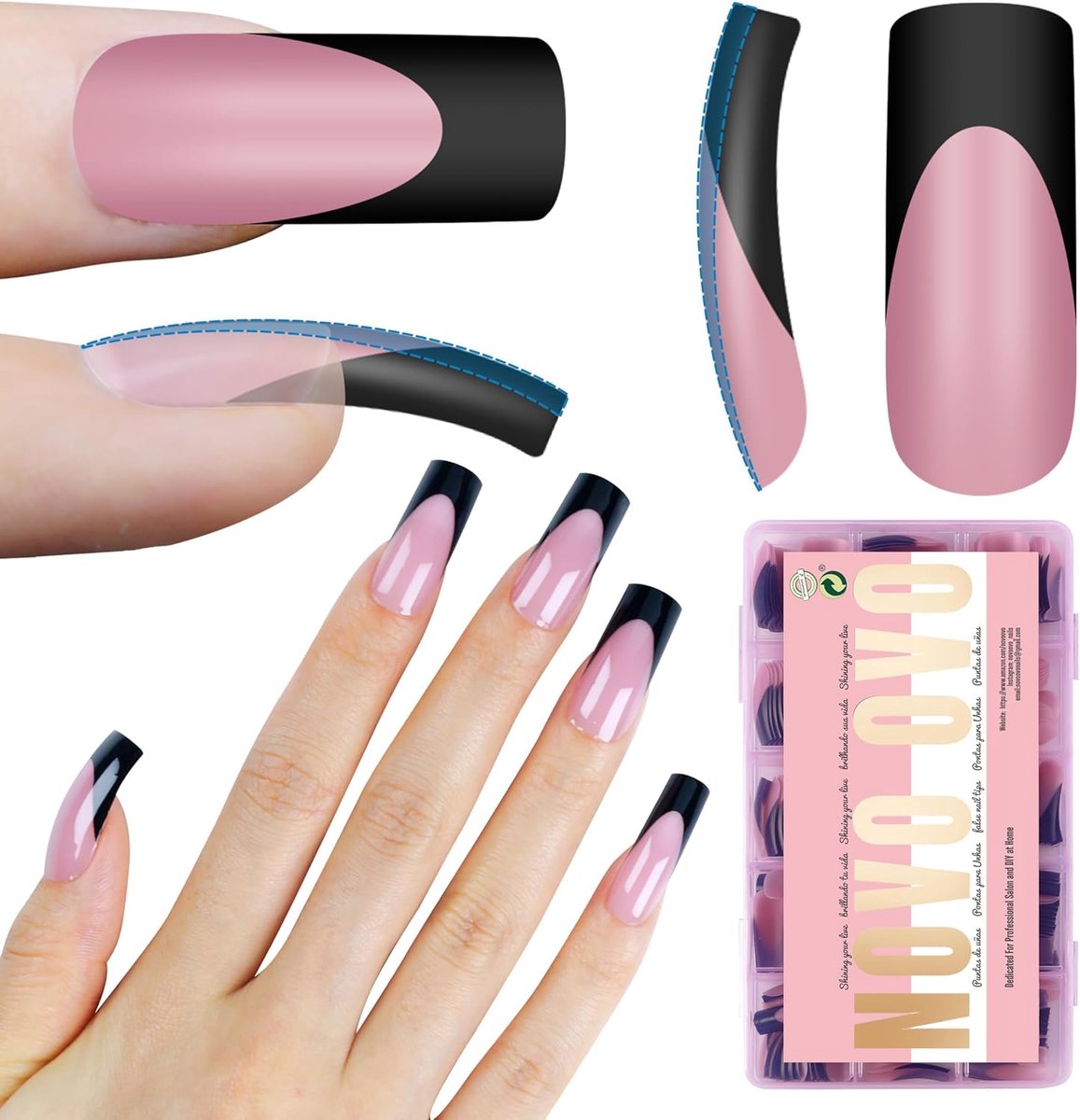 NOVO OVO Medium Size Slightly Curved Black French Tip Nail Tips Berry Pink Full Cover Acrylic Print Extra Thick Soft - ShopVlot
