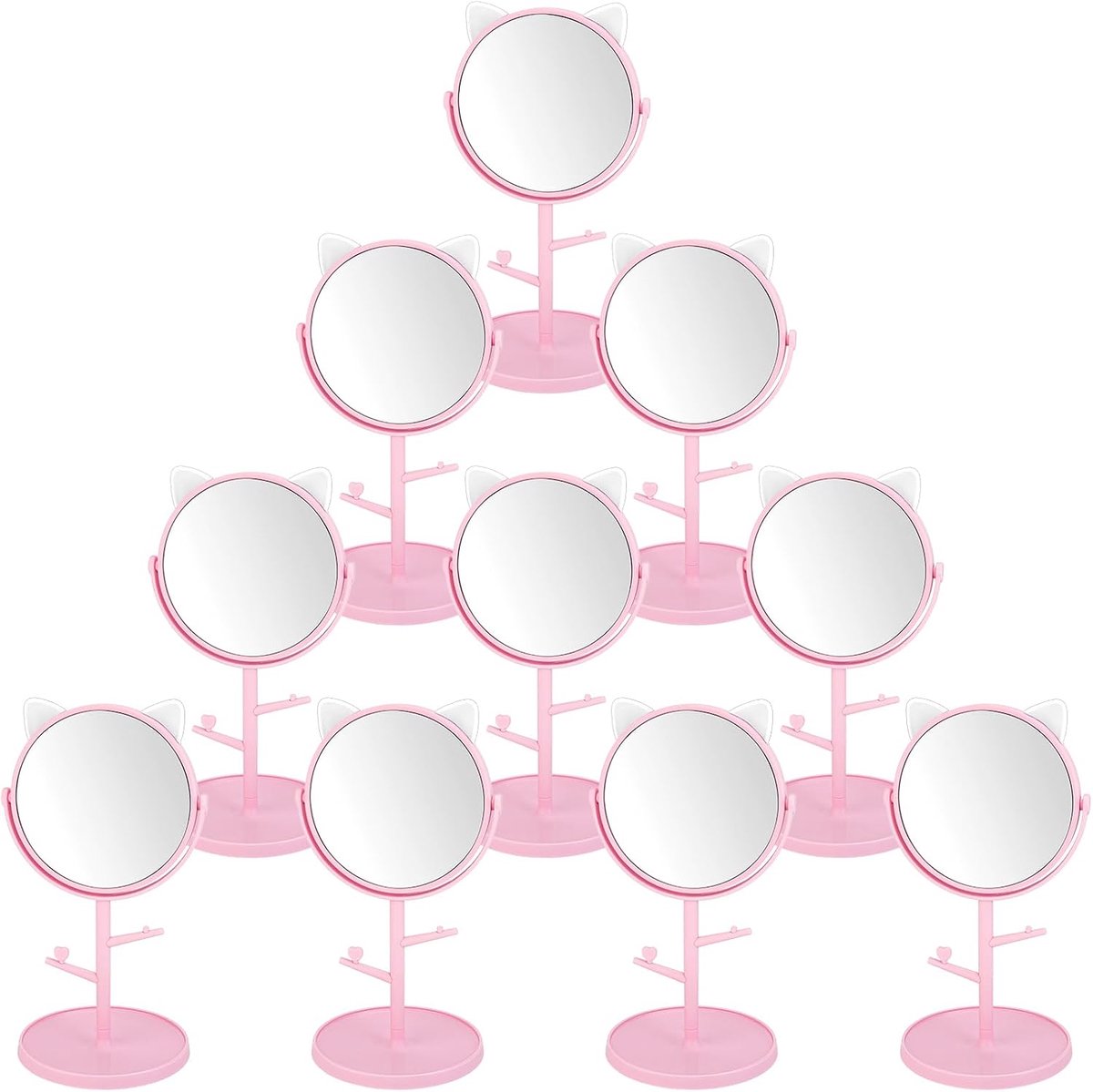10 stuks roze spa party spiegel schattige kattenoren make-up spiegel met sieradenorganizer standaard draaibare - ShopVlot