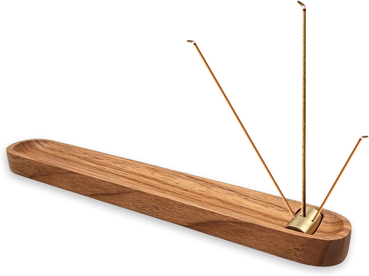 Wierookstokjeshouder van hout met asopvangschaal, wierookbrander met 3 gaten van messing, ideaal voor meditatie, yoga - ShopVlot