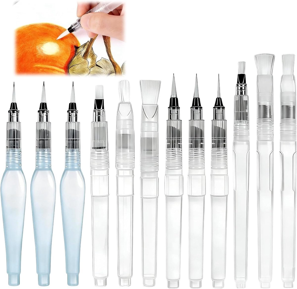 Aquarelpenselen met watertank - Transparant - 12 stuks - Nylon haren - Voor Beginners en Kunstenaars