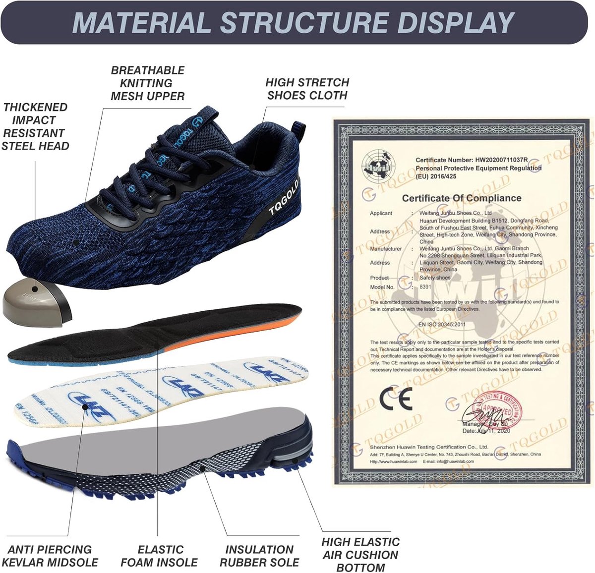 tqgold Safety Training, Work Shoes, Work Shoes with Steel Toe Cap, Breathable, Air Cushion, Lightweight, Non-Slip - ShopVlot
