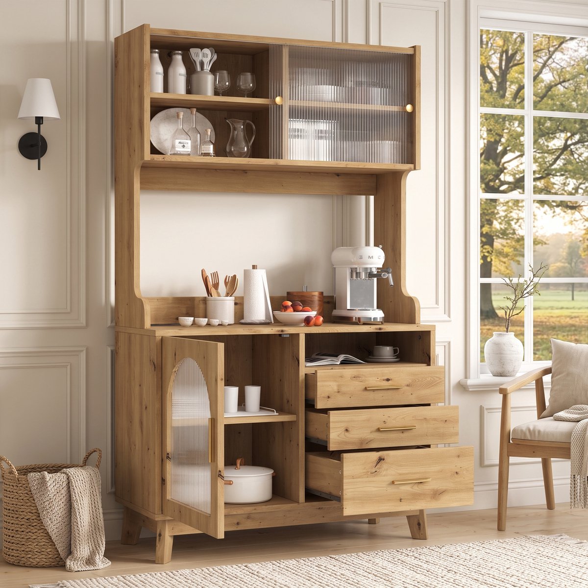 DESMIU Buffetkast - Met 3 Lades, Open Vakken En Ingebouwde Stopcontacten Met Usb C En Usb A - Voor Eetkamer En Keuken - Spaanplaat - Houtkleur - 100,5 X 40 X 178 Cm