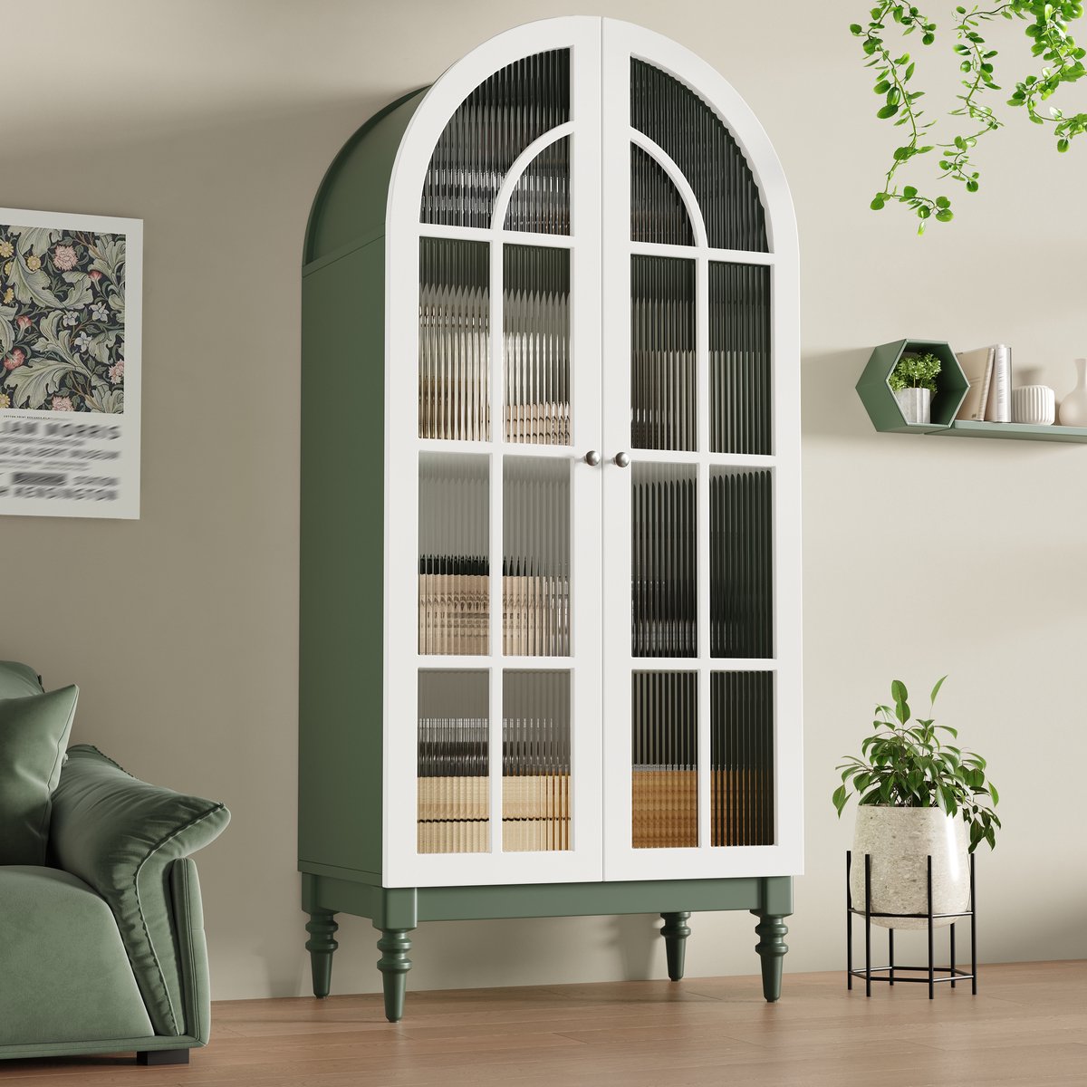 DESMIU Vitrinekast - Boogvormig Design Met Riffelglas En Dubbele Deuren - Voor Woonkamer En Eetkamer - MDF - Donkergroen Wit - 76x38,5x165 Cm