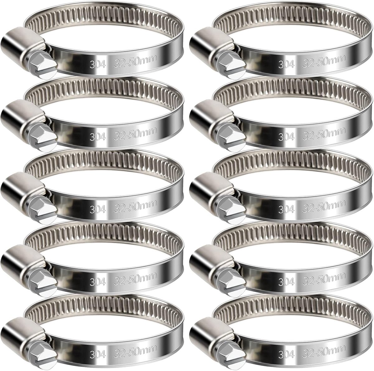DealKits Hose Clamps, 10 Pieces, 32-50 mm, 304 Stainless Steel Pipe Clamps, Adjustable Hose Clamps, Hose Ties - ShopVlot