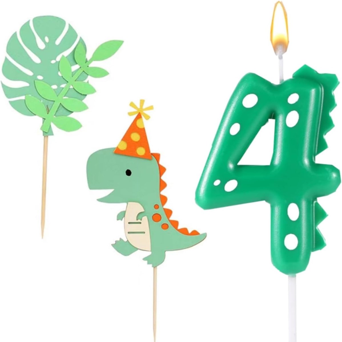 Verjaardagskaars cijfer 4 - dinosaurus taartdecoratieset - met 2 dinosaurusfiguren - voor een feestelijke verjaardag - ShopVlot