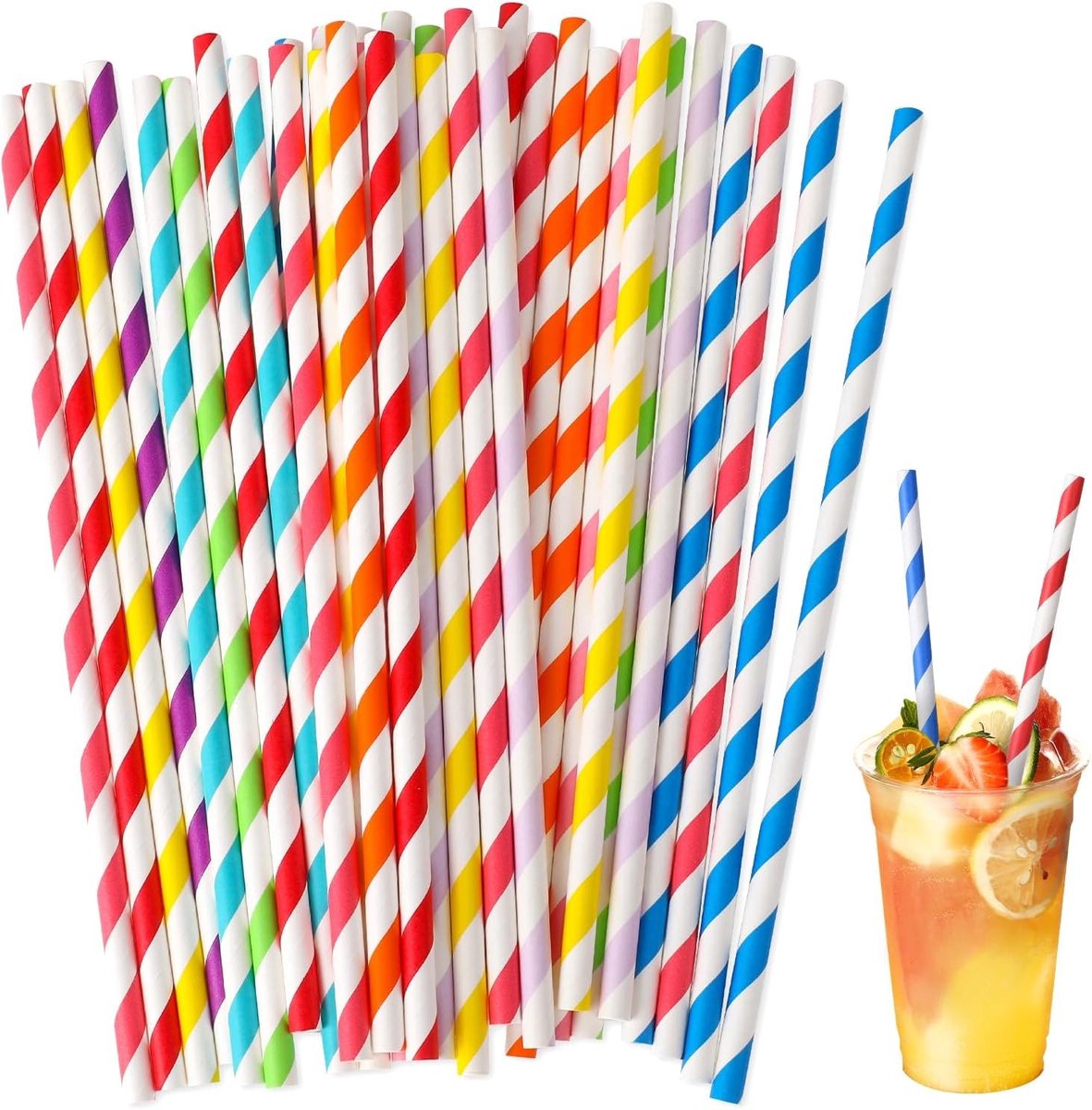 Kleurige Papieren Drinkrietjes - 100 Stuks, Biologisch Afbreekbaar, Plasticvrij, Perfect voor Feestjes, Bruiloften en Kerstdecoratie