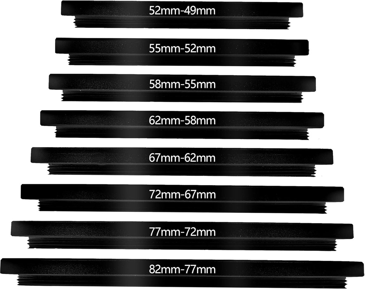 Set van 8 opvouwbare ringen, lensfilteradapters 52-82 mm - aluminium - flexibele maatvoering - gebruik kleinere filters - ShopVlot