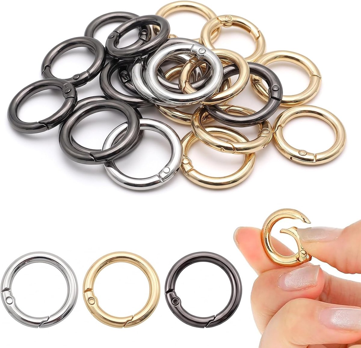Karabijnhaken 24 mm - O-ring - set van 30 in goud, zilver en zwart - ideaal voor sleutelhangers en knutselen - ShopVlot