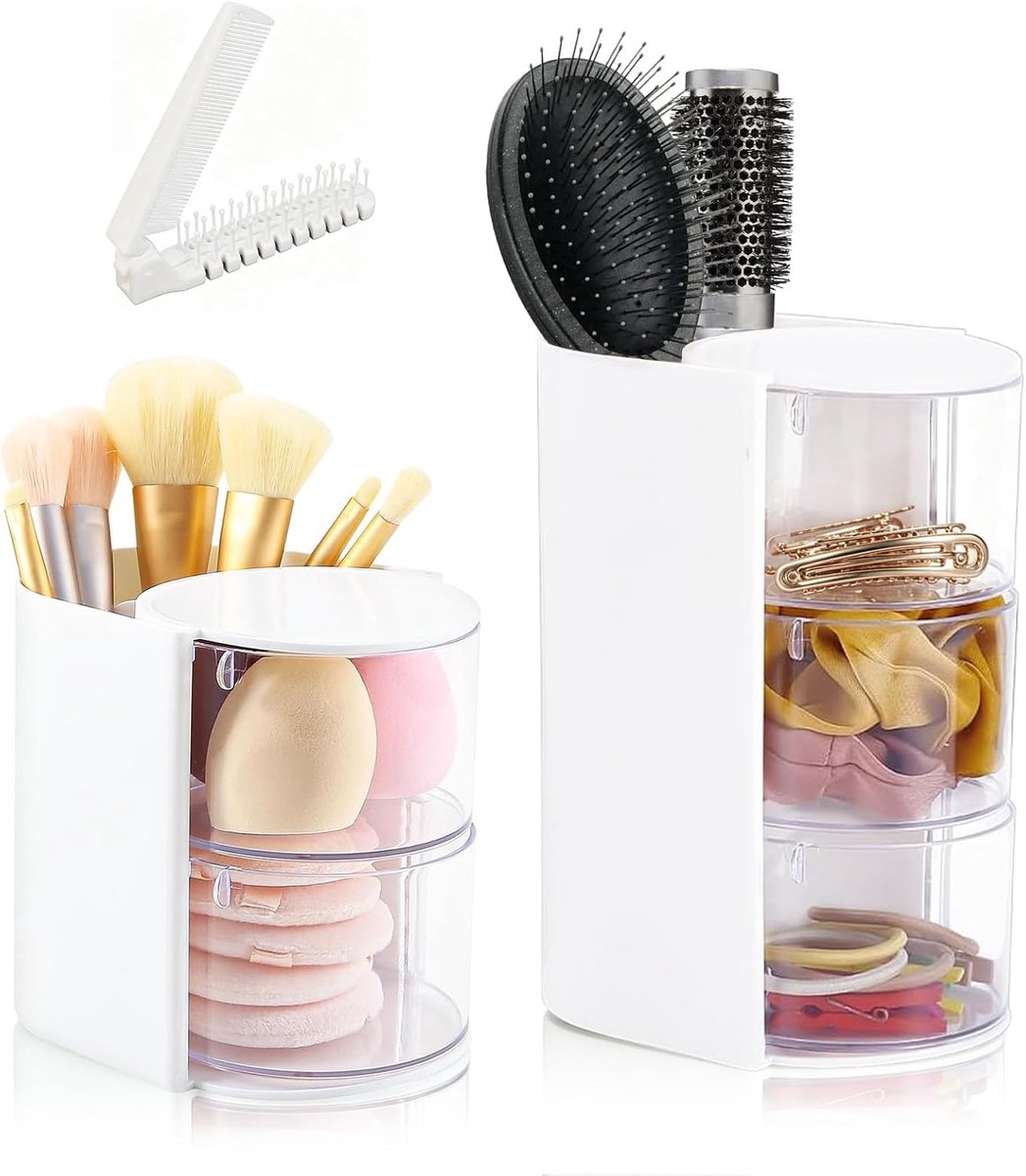 Make-uptafelorganizer 2 en 3 niveaus - wit - draaibare haarelastiek-opslag - perfect voor cosmetica - ShopVlot