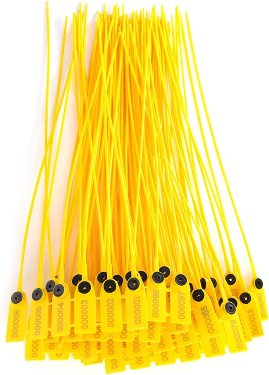 100 Stuks Gele Verpakkingszegels voor Vrachtwagens - 40 cm Veiligheidszegels met Nummer voor Verzending, Logistiek en Magazijnbeheer