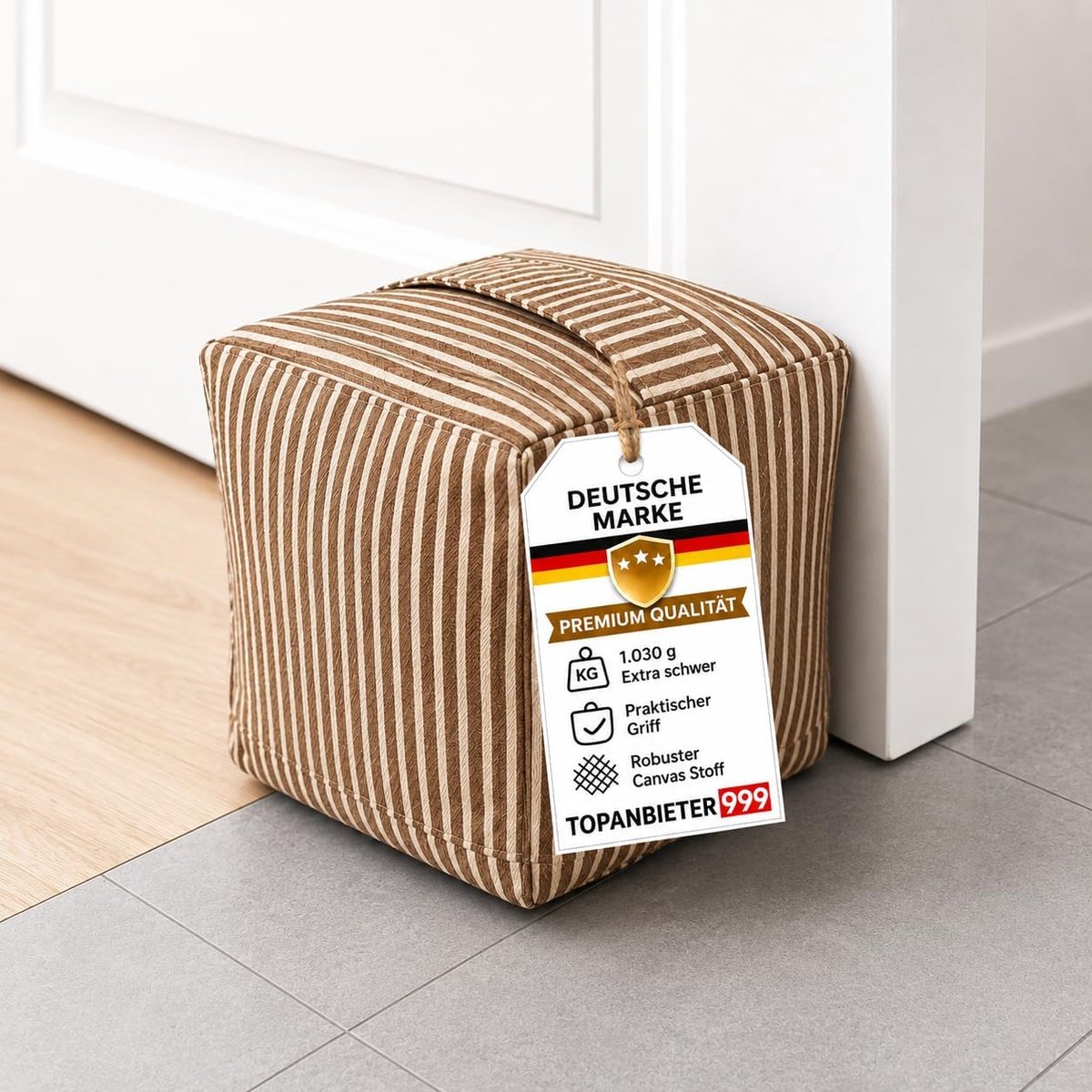 Deurstopper cube bruin gestreept - Deurhouder vensterbuffer - Voorkomt dichtslippen - ShopVlot