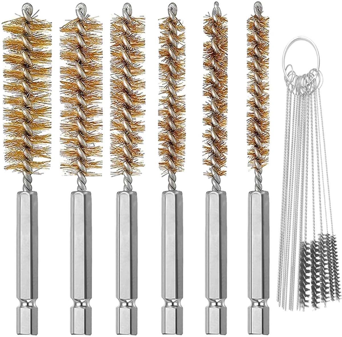 Boormachine borstels set van 6 - Messing in diverse maten - Inclusief 15 nylon reinigingsnaalden - ShopVlot