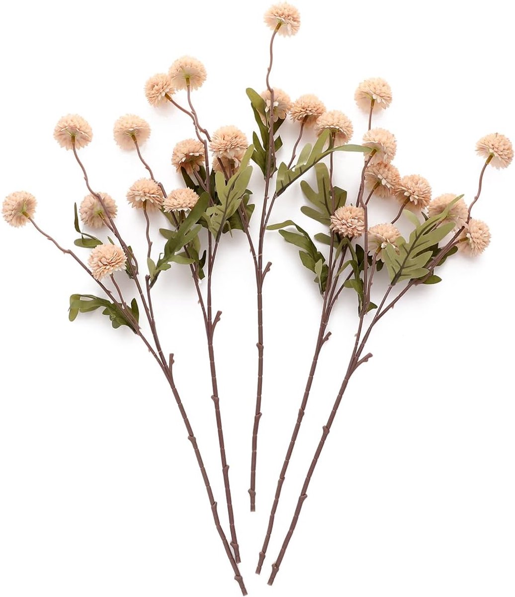 Kunstbloemen Kiku - 5 Stelen Beige - Zijde Chrysant Bloemkoppen - Perfect voor DIY Boeketten - ShopVlot