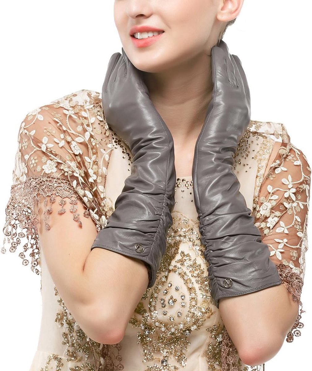Women Winter Long Leather Gloves Genuine Nappa Leather Touch Screen Ruffles Elbow Party Mittens - ShopVlot