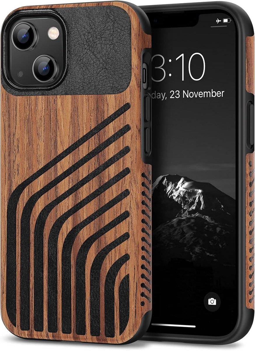 TENDLIN Case Compatible with iPhone 14, Hybrid Protective Case Made of Wood and Carbon and Leather, Compatible with - ShopVlot