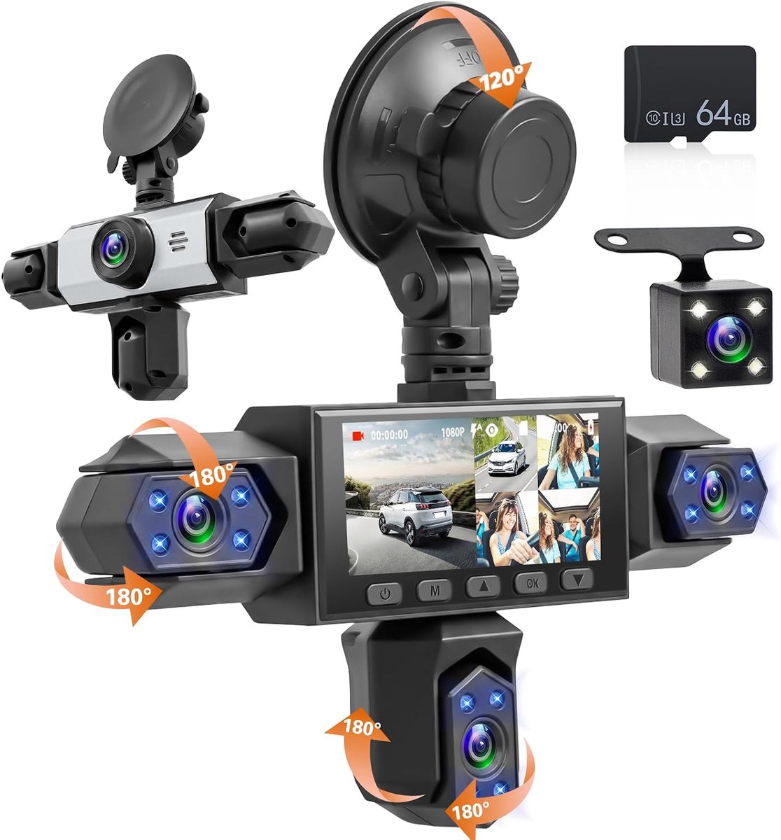 Fuluk Dashcam voor auto, 5 camera's, IPS-display, 3,16 inch, met 64 GB SD-kaart - ShopVlot