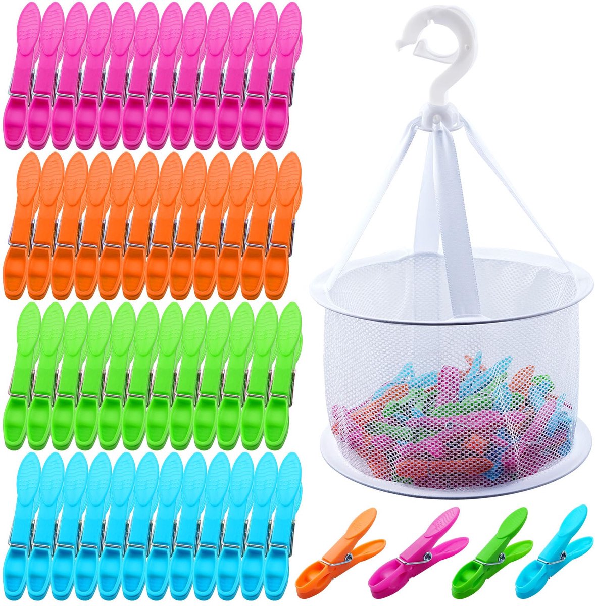 60 stuks wasknijpers voor waslijn met zak, extra sterke antislip wasknijpers in 4 kleuren, plastic wasknijpers - ShopVlot