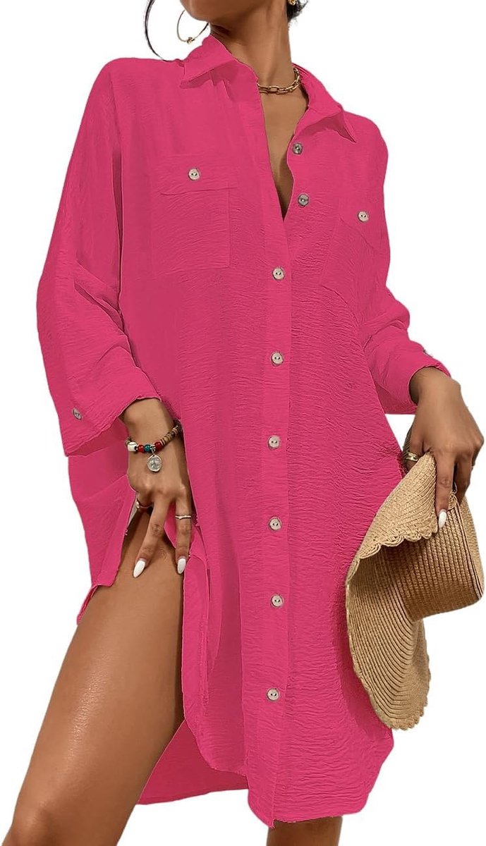 Kimono cover-up voor zwemkleding - rood roze - L - met franjes - stijlvolle bescherming - ShopVlot