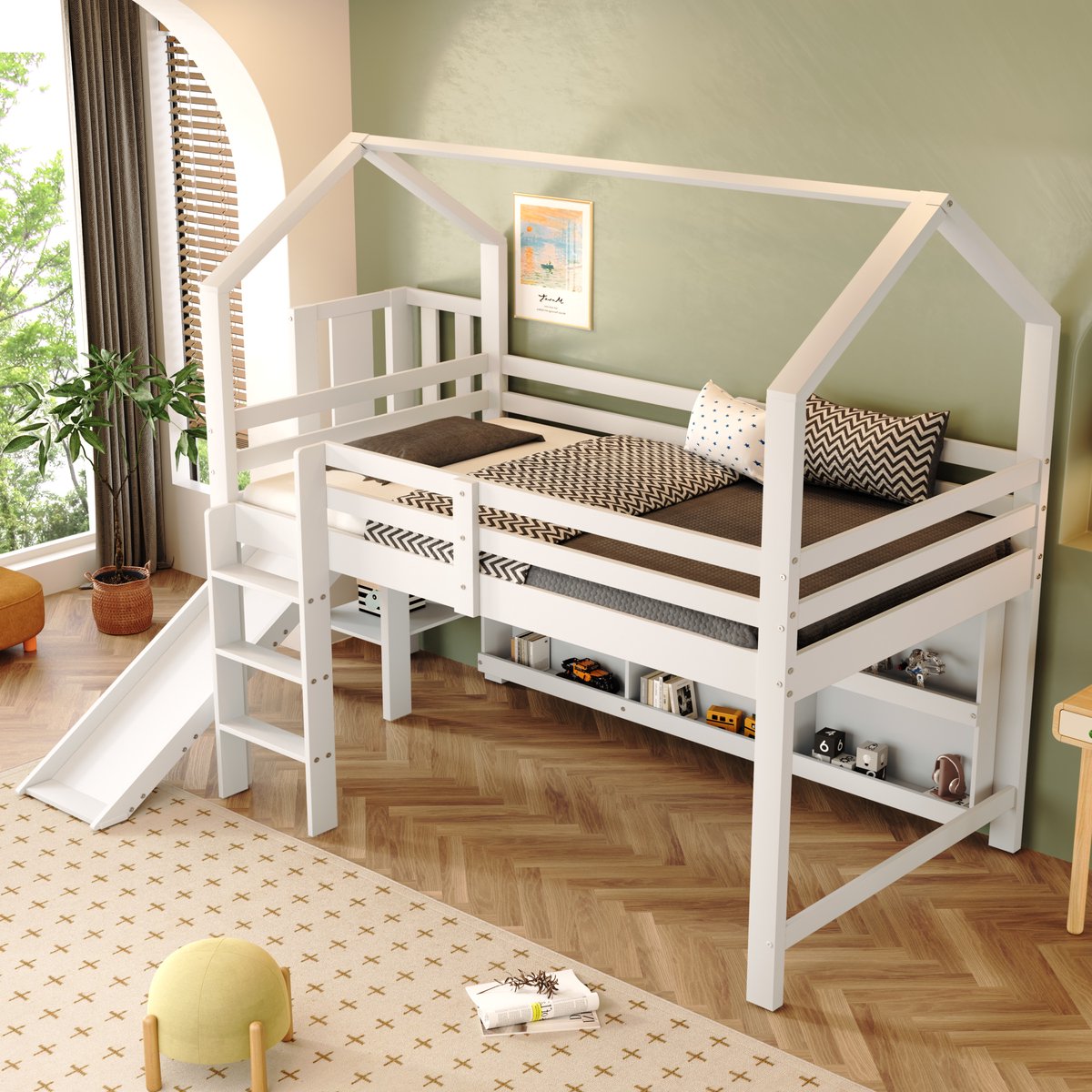 REDOM - Kinderbed - Halfhoogslaper met glijbaan en trap - Met opbergruimte en lattenbodem - Huisstijl - Kinderkamer - Hout en MDF - Wit - 246,5 x 158 x 208,5 cm