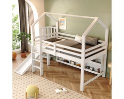 REDOM - Kinderbed - Halfhoogslaper met glijbaan en trap - Met opbergruimte en lattenbodem - Huisstijl - Kinderkamer - Hout en MDF - Wit - 246,5 x 158 x 208,5 cm