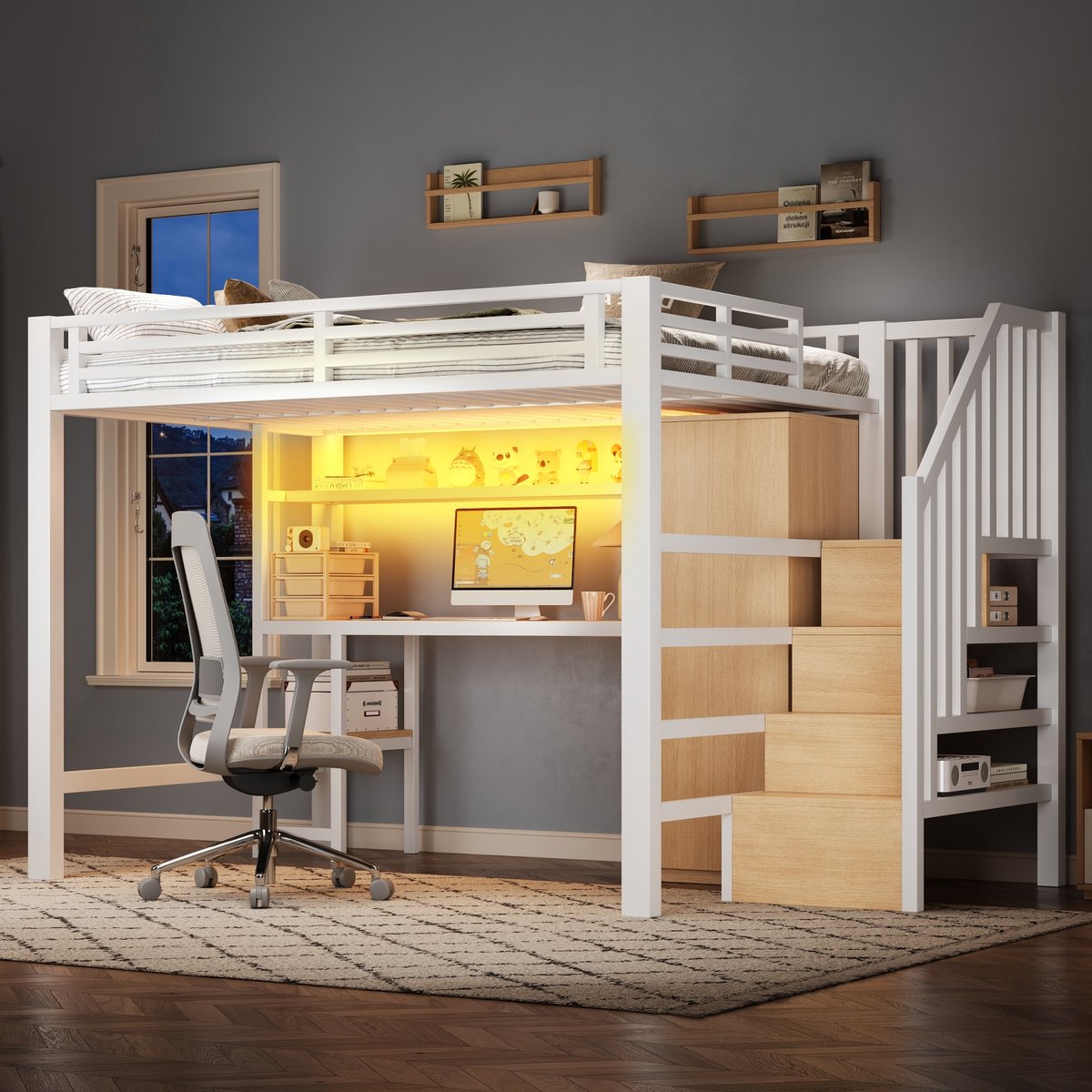 REDOM- Hoogslaper - Met bureau - Met kledingkast en opbergrekken - Met ladder - Metaal en MDF - Wit - 251 x 144 x 169,4 cm