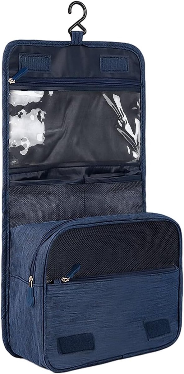 Toilettas navy blauw - compact 19x23 cm - waterdicht Oxford stof - ideaal voor reizen - ShopVlot