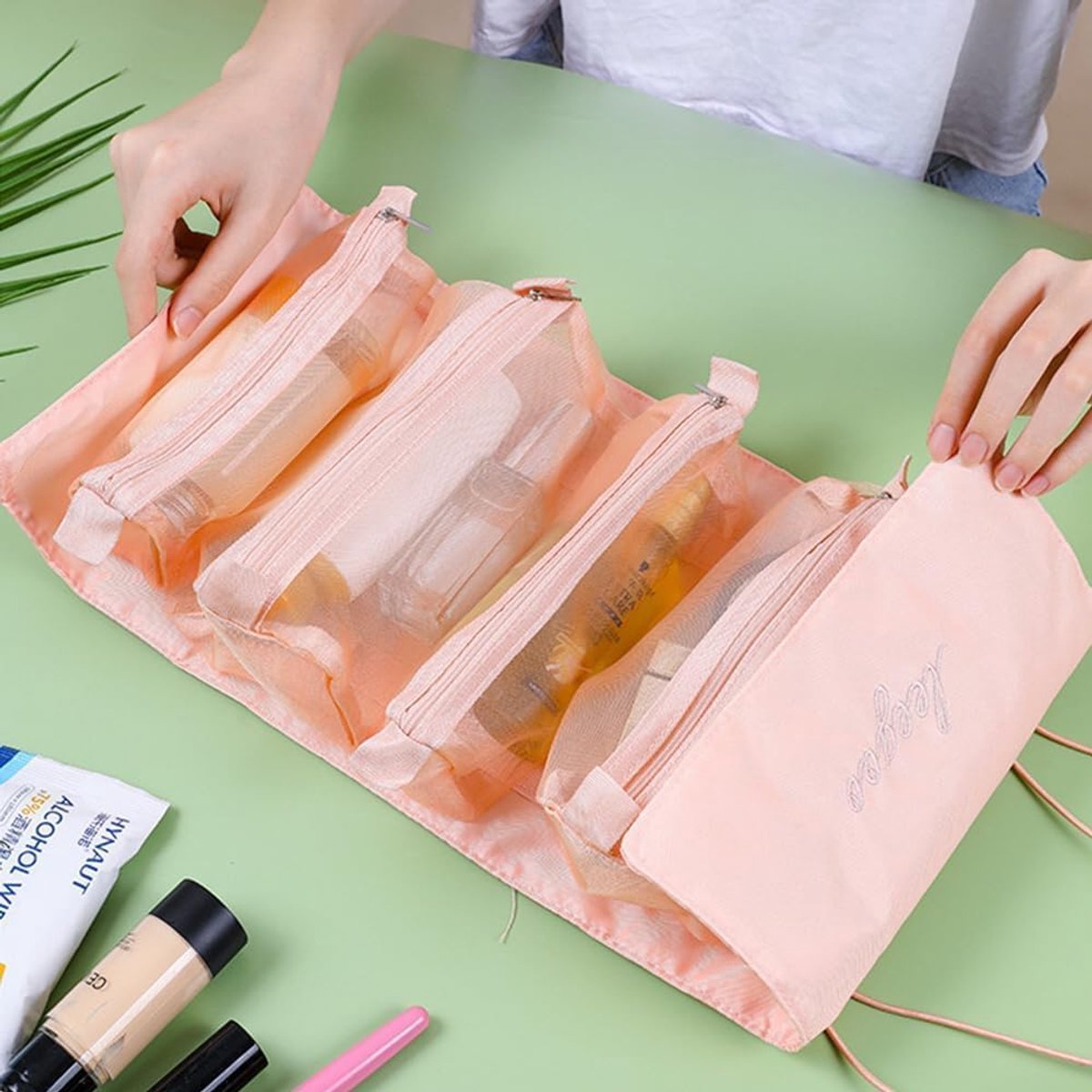 Make-up tas Reiskoffer Vouwbaar - Roze Nylon - Multifunctioneel - Handig voor onderweg - ShopVlot