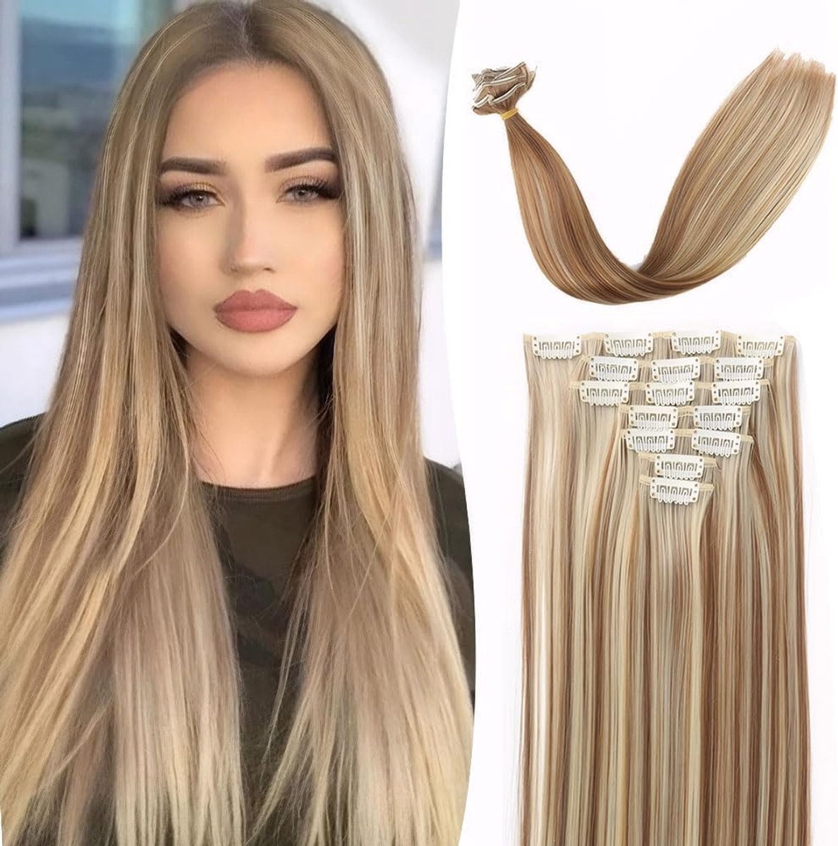 Clip-In Extensions 55 cm - 7 Stukken - Natuurlijk Blonde Kleur - Volumineuze Haarverlenging voor Dames - ShopVlot