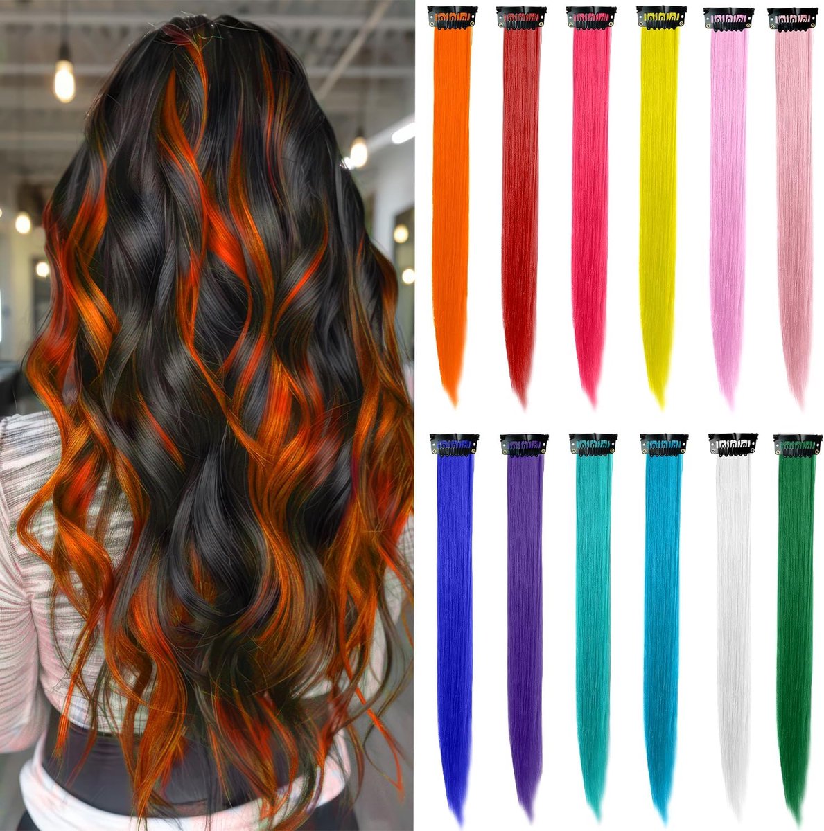 Clip-in haarextensies 55 cm - 12 Stuks in vrolijke kleuren - Gemakkelijk aan te brengen - Perfect voor speelse kapsels - ShopVlot