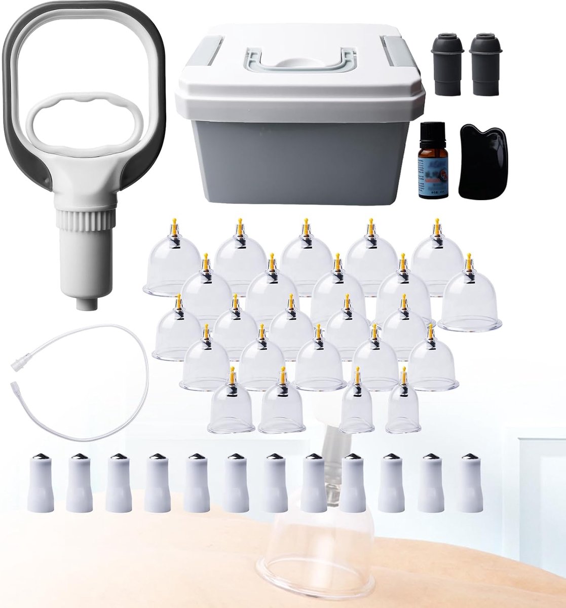 Cupping glazen met vacuümpomp - 24-delige set - onbreekbaar PS kunststof - ontspant spieren - ShopVlot