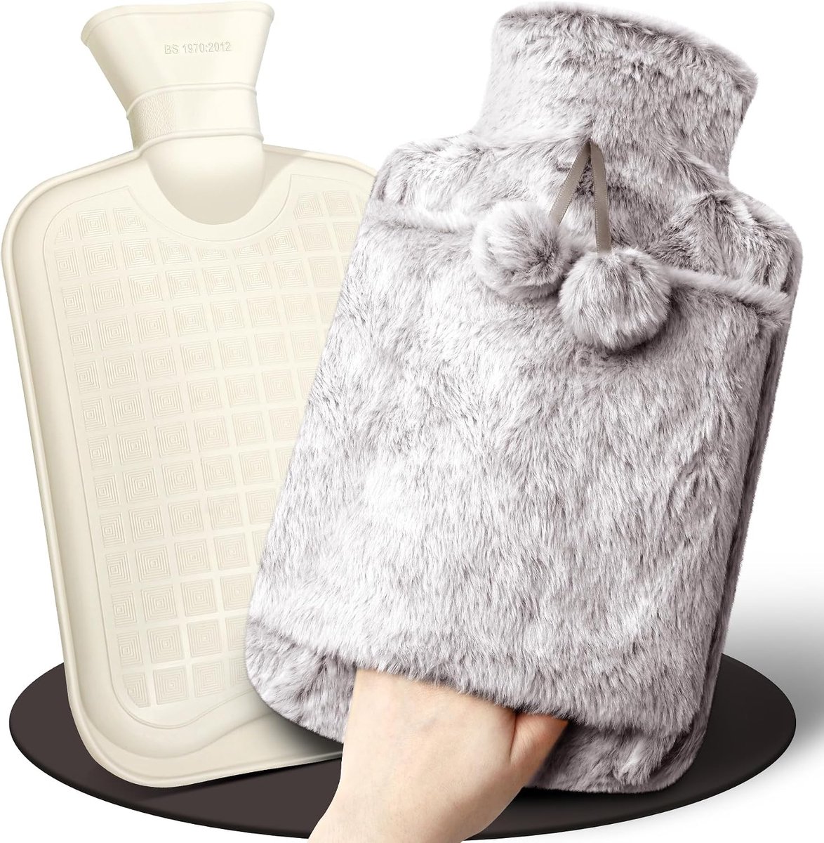 Hot Water Bottle 2L Soft Large with Kangaroo Pocket, Natural Rubber + Plush Hot Water Bottle for Hand Warmer, Tummy - ShopVlot