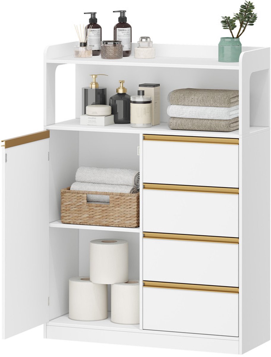 Hzuaneri Badkamermeubel, Grote Opbergcapaciteit Kast, Bijzetkast, Badkamerkast met 4 Laden en 1 Deuren en Verstelbare Legplank, Bijzetkast, voor Badkamer, Woonkamer, Ingang, Wit, 30 x 80 x 110 cm
