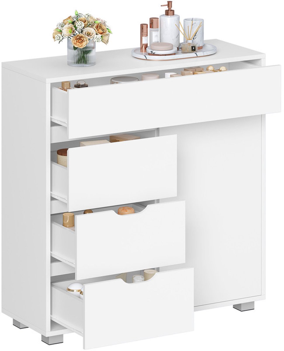 Hzuaneri Badkamerkast met 4 lades en verstelbare plank , Moderne opbergkast met 1 deur voor woonkamer en badkamer, 30 x 80 x 82 cm, wit