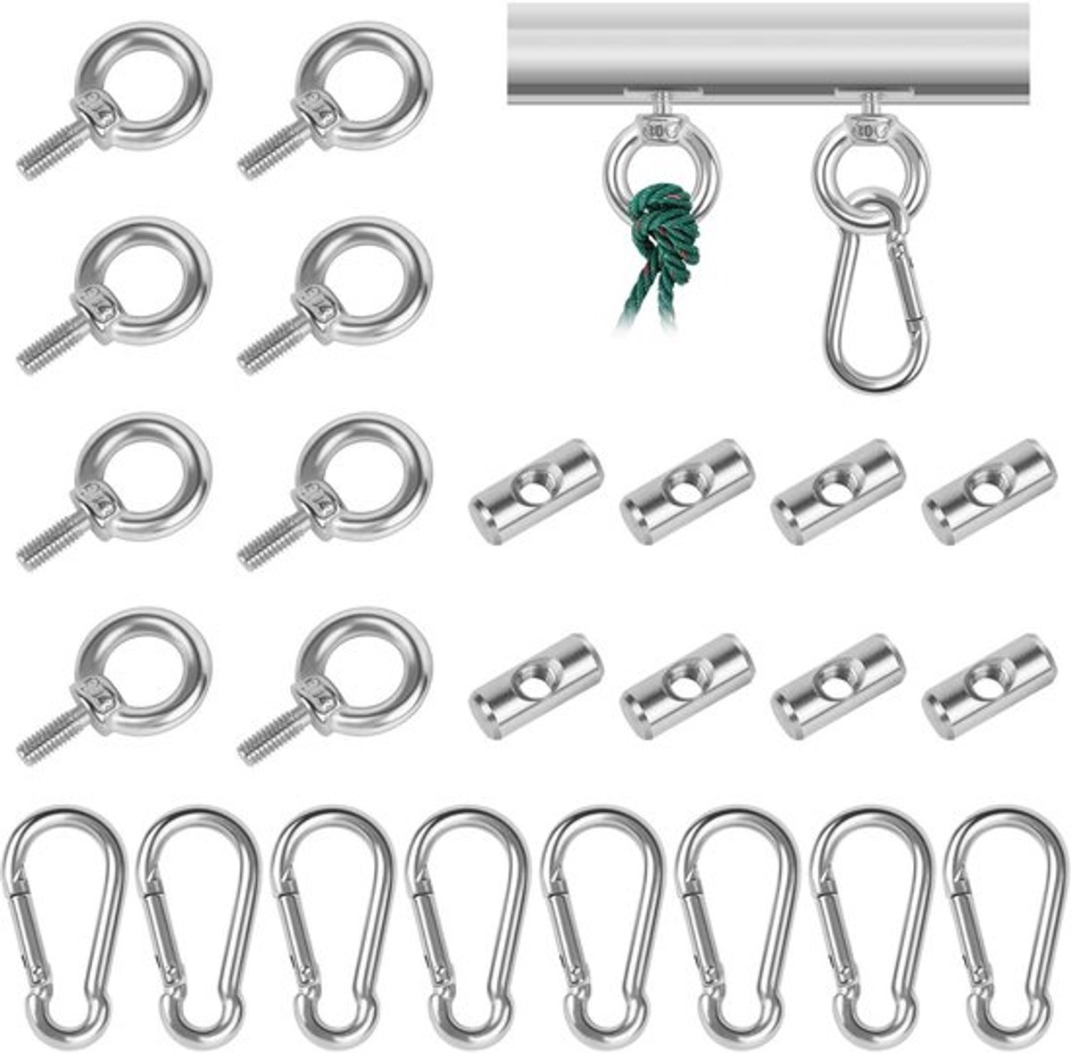 8 stuks stoppers voor kederrail, 6 mm voortent, camper, kederstopper, roestvrijstalen kederstopper met karabijnhaak, haak, kederlijst voor kederrail, luifelhaak, accessoires voor campervan