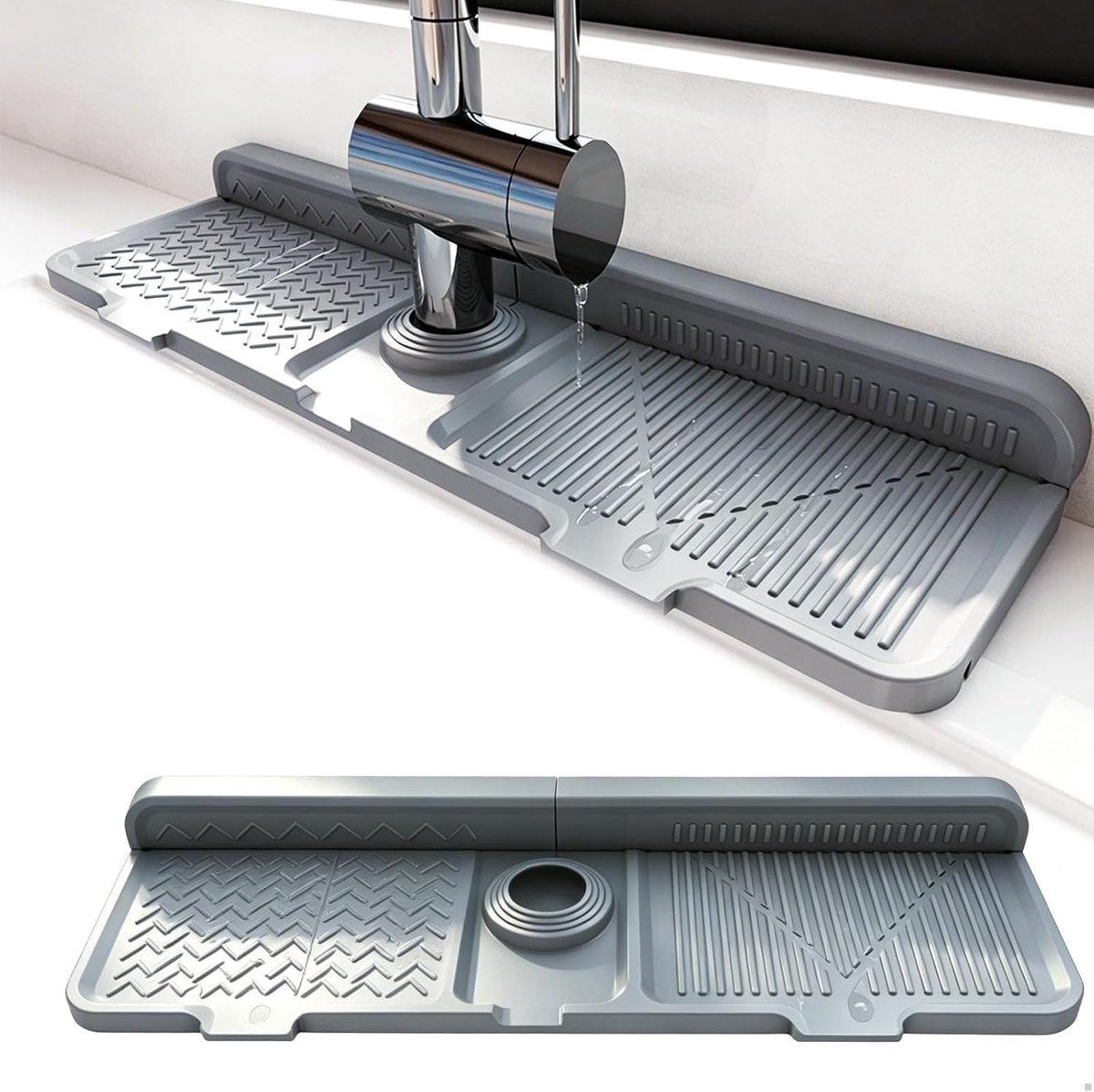 Silicone kraanmat 44 x 14 cm - grijs - met afvoersysteem - voorkomt wateroverlast - ShopVlot