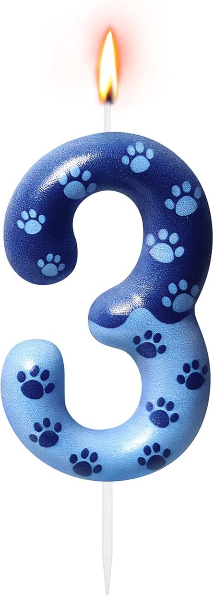 Verjaardagskaarsen Nummer 3 - Blauwe Kaars met Hondpoot Design - Taartdecoratie voor Verjaardagen - ShopVlot