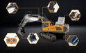 Gele/grijze RC-graafmachine met metalen bak, verlichting, geluid en afstandsbediening.
