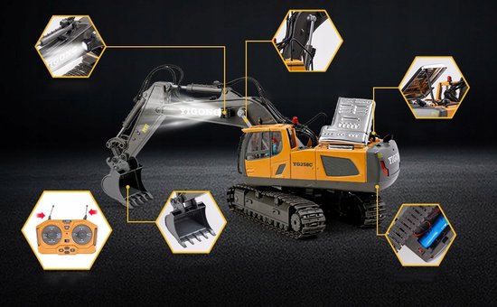 Gele/grijze RC-graafmachine met metalen bak, verlichting, geluid en afstandsbediening.