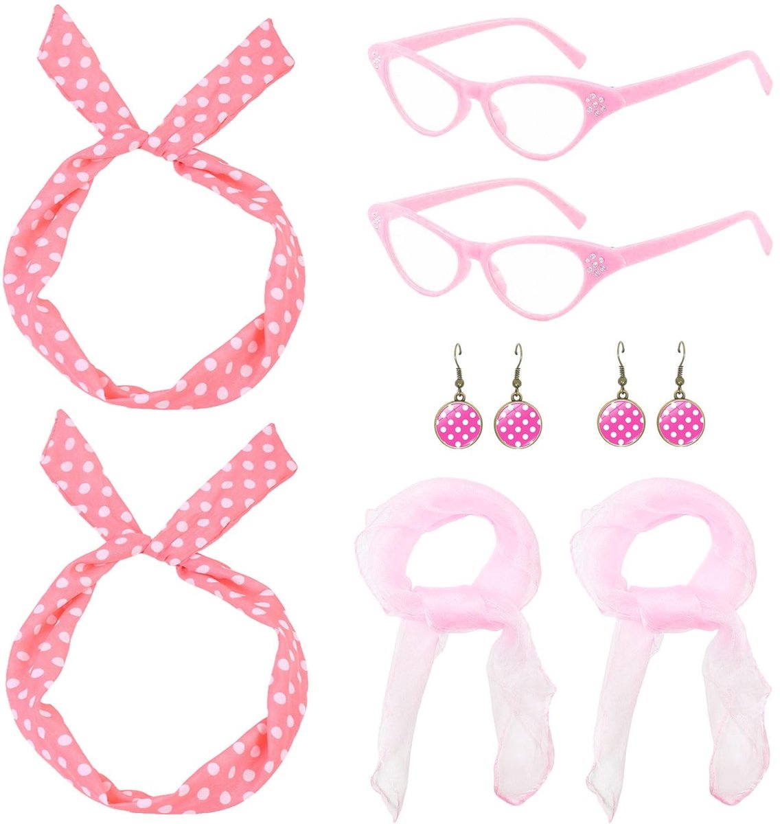Jaren 50 Kostuum Set - Retro Accessoires - Verkleedfeest - Compleet Roze Thema - 8 Stuks - Roze