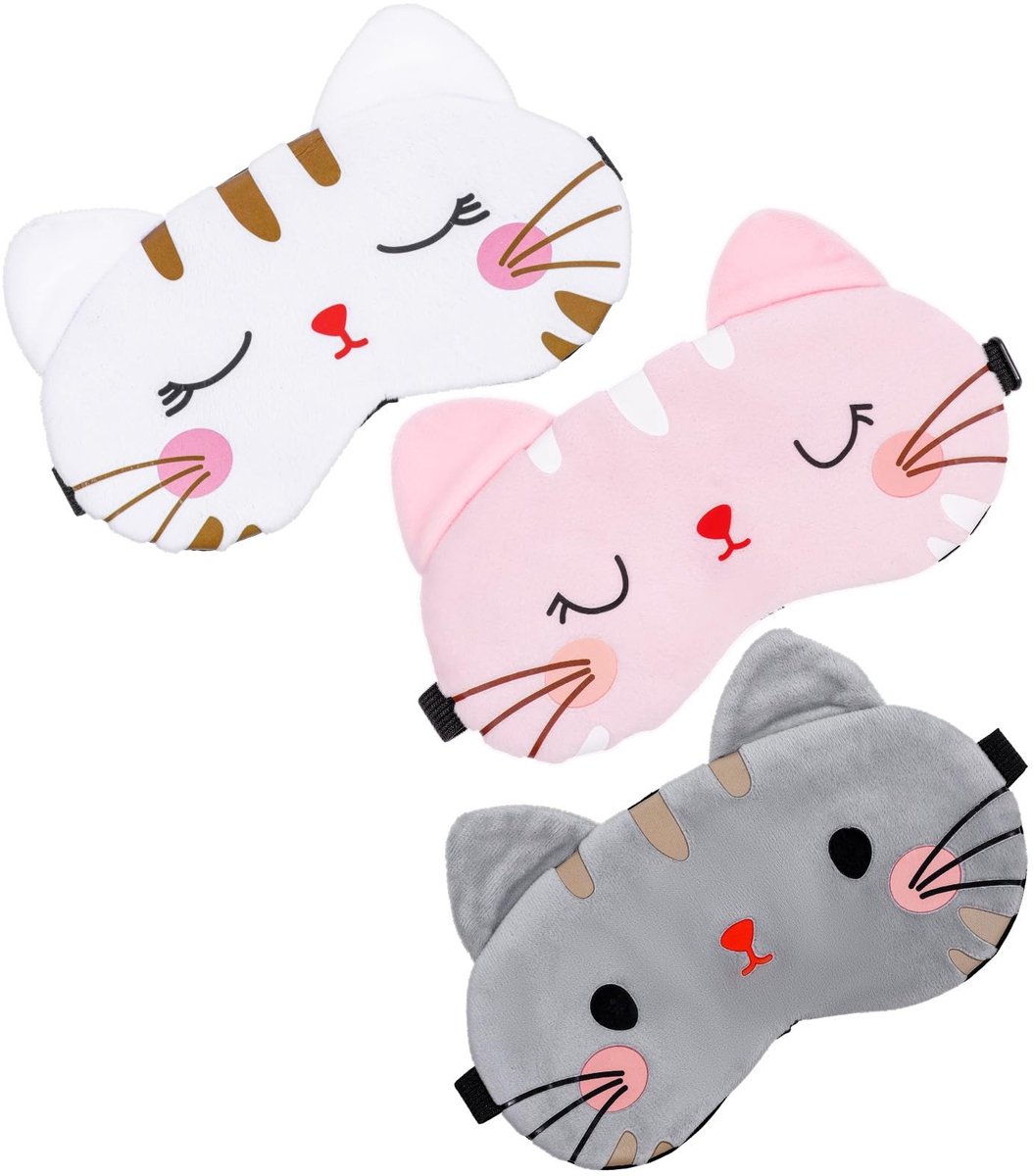 3 Stuks Slaapmasker voor Kinderen - Verstelbaar Pluche Dierenmasker - Reizen & Slaaphulp - Wit, Roze, Grijs