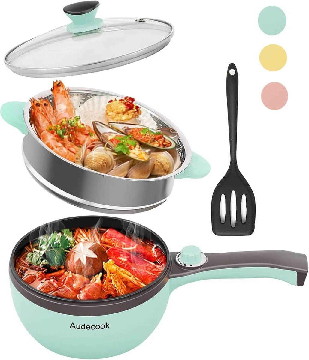 Elektrische Hot Pot met Stoompan - Groen - 1,5 l - Anti-aanbak Mini-Pan voor Gezond Koken