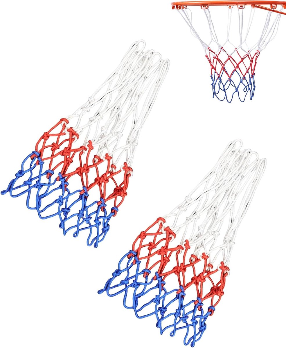 Basketbalnet set van 2 - driekleurig wit/blauw/rood - robuust voor binnen en buiten - ideaal voor elke basketbalmand - ShopVlot
